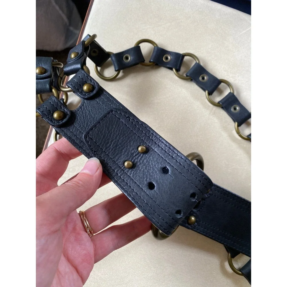Vintage Chain Link Leather O-Ring Studded Belt M Black Brass Steampunk Goth Y2K